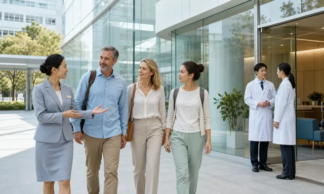 International patients welcomed by a care coordinator at a modern hospital in China